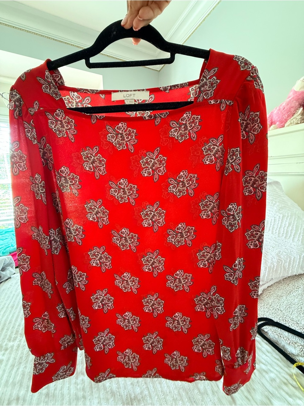 LOFT Red Floral Square-Neck Long Sleeve Blouse